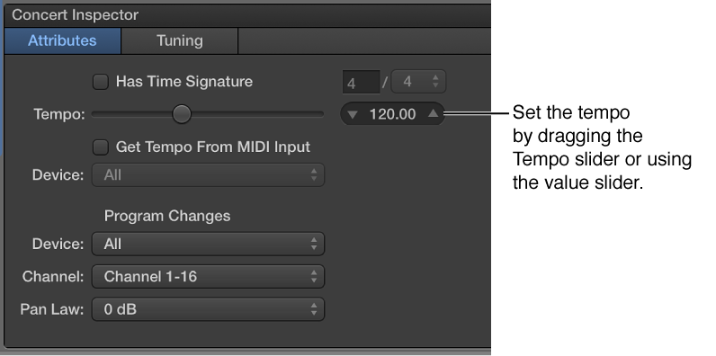 Figure. Dragging the Tempo slider in the Concert Inspector.