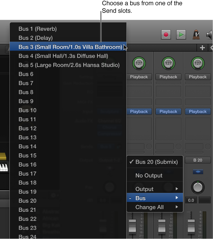 Figure. Choosing a bus from a Send slot on a channel strip.