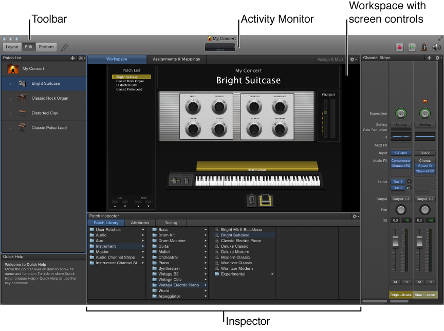 The MainStage window, including the workspace, Inspector, toolbar, and Activity Monitor.