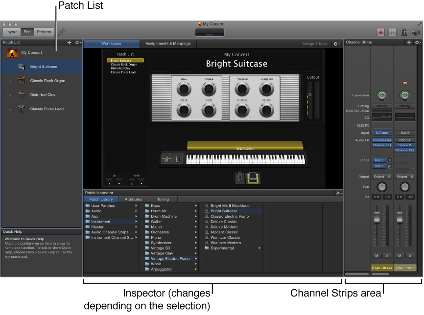 The MainStage window, including the workspace, Inspector, toolbar, and Activity Monitor.