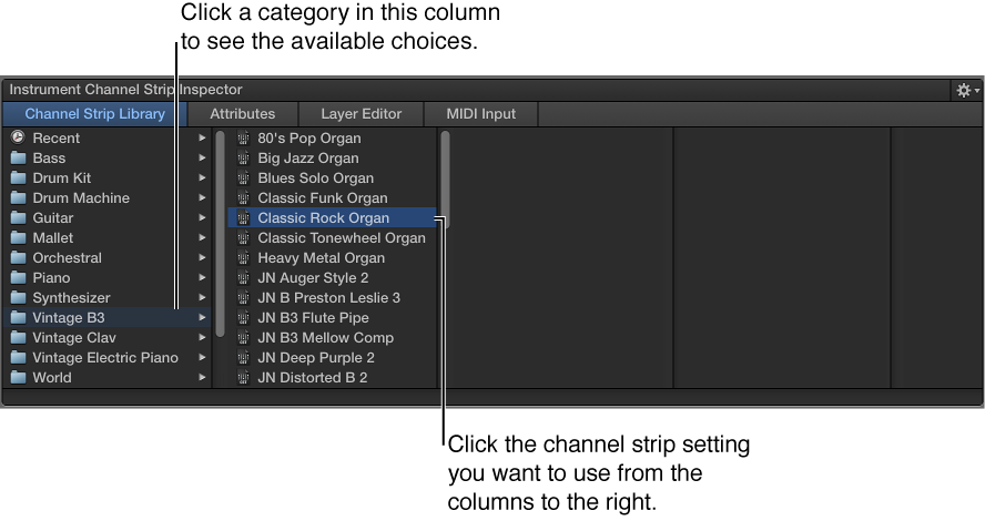 Figure. Channel Strip Library with channel strip setting selected.