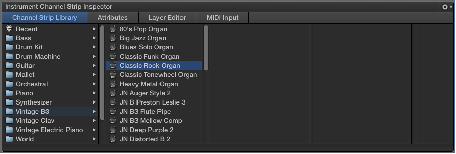 Figure. The Channel Strip Library with a channel strip setting selected.