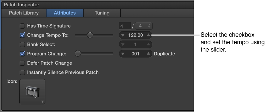 Figure. Dragging the Tempo slider in the Patch Inspector.