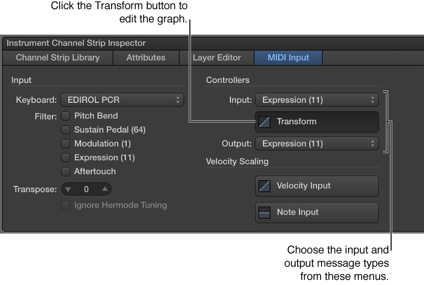 Figure. Choosing input and output message types in the Channel Strip Inspector.