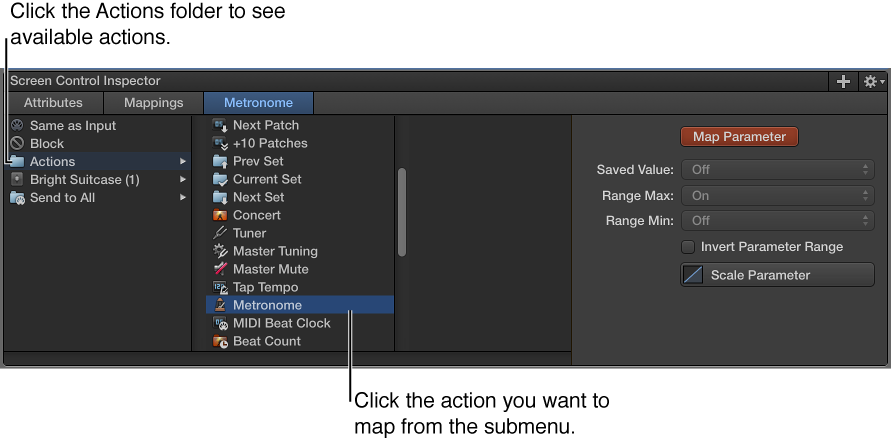 Figure. Mapping a screen control to an action in the Actions folder.