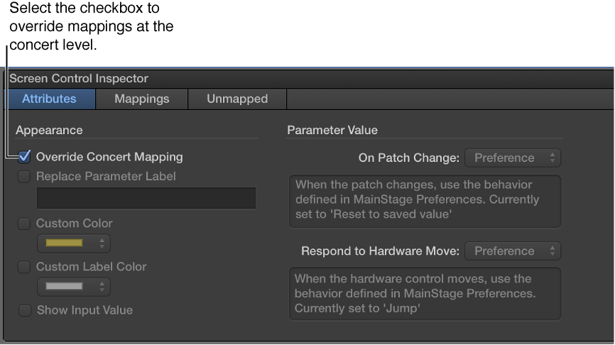 Figure. Selecting the Override Concert Mapping checkbox.