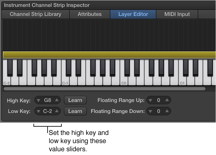 Figure. Setting the key range for a channel strip using the Low Key and High Key value sliders.