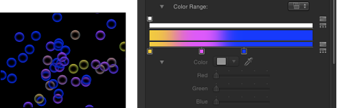 Figure. Canvas window and Inspector showing a particle system set to Pick From Color Range and the gradient used to determine the colors.