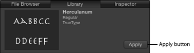 Figure. Library window Preview area showing Apply button for a selected font.