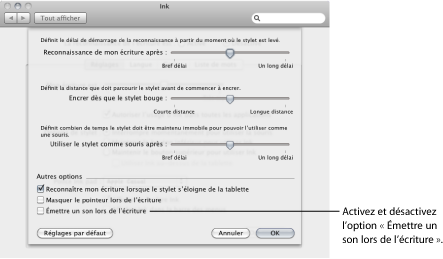 Figure. Ink preferences Options dialog showing "Play sound while writing" setting.