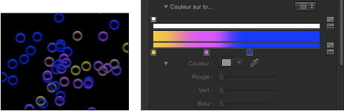 Figure. Canvas window and Inspector showing a particle system set to Pick From Color Range and the gradient used to determine the colors.
