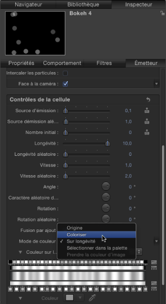 Figure. Choosing Colorize from Color Mode pop-up menu in the Emitter Inspector.
