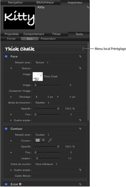 Figure. Style Preset pop-up menu in the Style pane of the Text tab.