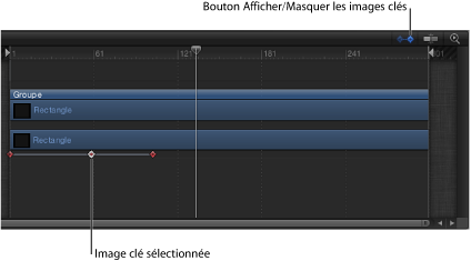 Figure. Timeline showing keyframes in the tracks and the Show/Hide Keyframes button.