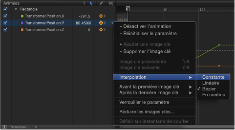 Figure. Changing the interpolation method for an entire parameter using the Animation menu in the Keyframe Editor.