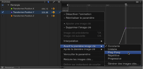 Figure. Keyframe Editor inset showing Before First Keyframe submenu of Animation menu.