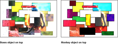 Figure. Canvas window showing the boxes and the monkey blended using the Color Dodge mode.