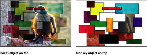 Figure. Canvas window showing the boxes and the monkey blended using the Soft Light mode.