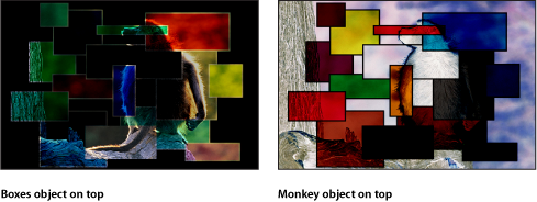 Figure. Canvas window showing the boxes and the monkey blended using Subtract blend mode.