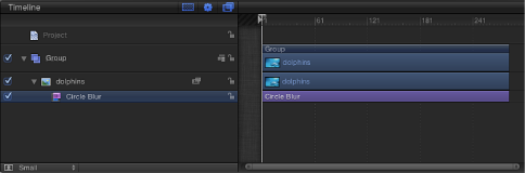 Figure. Timeline showing that the filter bar matches the duration of the object to which it is applied.