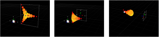 Figure. Canvas window showing replicator in which pattern elements move toward another object (with the Attracted To simulation behavior applied) in 3D space.