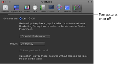 Figure. Motion preferences window showing Gestures pane.