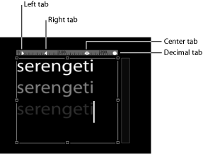 Figure. Canvas showing text object with ruler and different types of tabs.