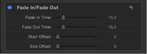 Figure. Behaviors Inspector showing Fade In/Fade Out behavior controls.