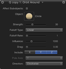 Figure. HUD showing controls for Orbit Around behavior including the image well for the object of attraction.