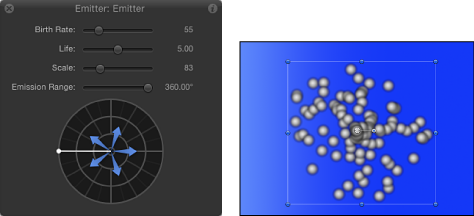 Figure. HUD and Canvas window showing Emitter controls and the effect of reducing the scale.