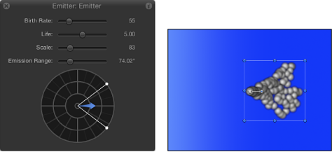 Figure. HUD and Canvas window showing the effect of limiting the emission range and direction.