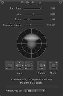 Figure. HUD showing emitter controls when Adjust 3D Transform tool is selected.