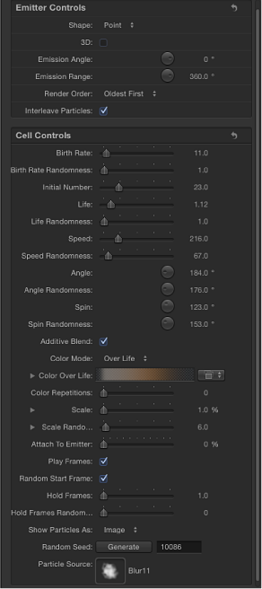 Figure. Inspector showing Emitter tab for single-cell system and for a system with more than one cell.