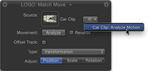 Figure. HUD showing Match Move behavior parameter with tracking behaviors pop-up menu active.