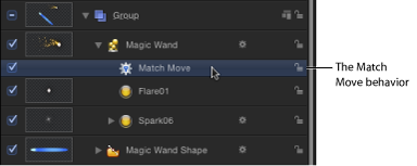Figure. Layers tab showing Match Move behavior applied to a particle emitter.