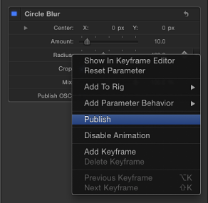 Figure. Publishing a filter parameter from the shortcut menu.