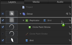 Figure. Layers list showing an object being dragged onto a replicatior.