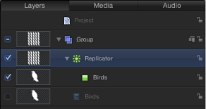 Figure. Layers list showing a replicator layer, the cell within it, and the disabled layer from which it was generated.