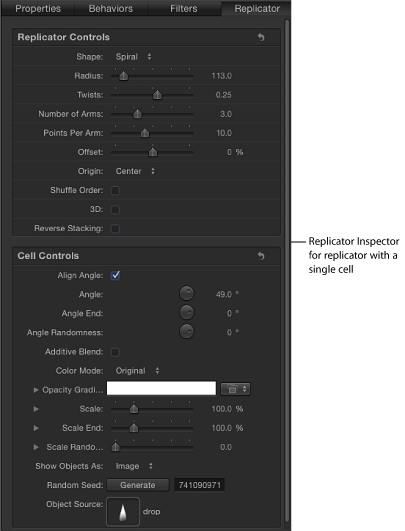 Figure. Replicator tab showing parameters for replicators with a single cell, or multiple cells.