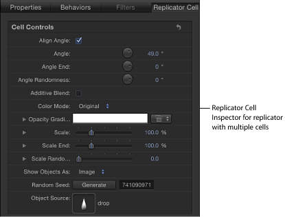 Figure. Layers tab and Replicator Cell tab showing cell-specific parameters.