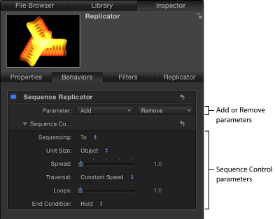 Figure. Inpsector showing Sequence Replicator behavior parameters.