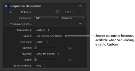 Figure. Behaviors Inspector showing the Source parameter that appears when Sequencing pop-up menu is set to Custom.