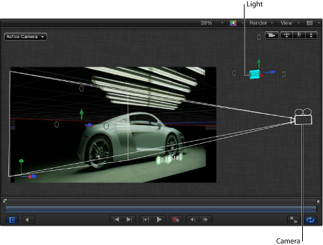 Figure. Canvas window showing 3D scene icons including camera, camera field of view, and light.