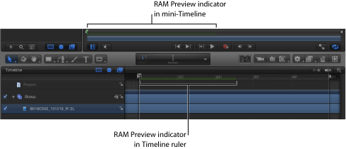 Figure. Mini-Timeline and Timeline showing RAM Preview indicators.