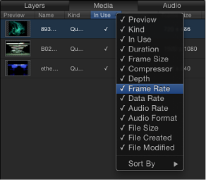 Figure. Media list showing column pop-up options.