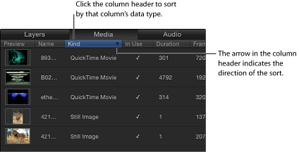 Figure. Column header in the Media tab.