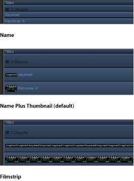 Figure. Track label options in the Timeline, including Name, Name Plus Thumbnail, and Filmstrip.