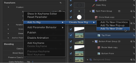 Figure. Adding X Position parameter to a new rig via the shortcut menu.