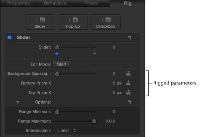 Figure. Rig Inspector showing rigged Gaussian Blur Amount, Top Prism Position X, and Bottom Prism Position X parameters.