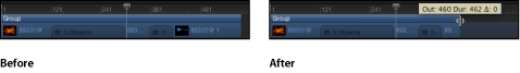 Figure. Timeline showing a clip being trimmed within a group.